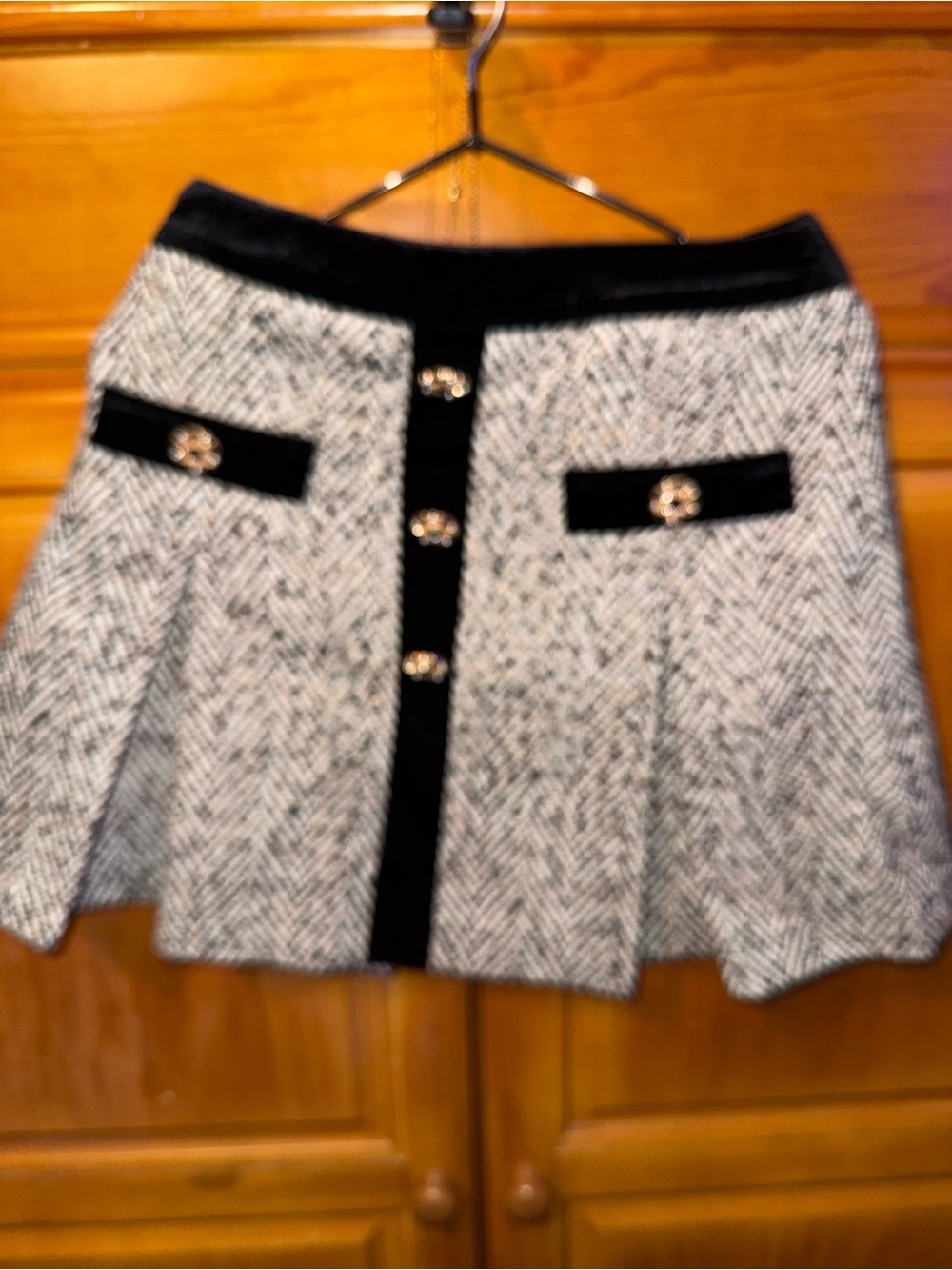 Black & White Tweed Mini Skirt with Velvet Trim